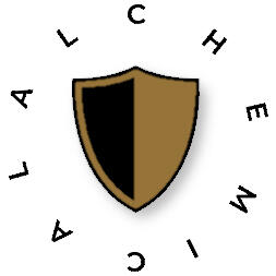 Minimalist logo featuring a two-toned shield in lavender and gray, surrounded by the word “ALCHEMICAL” in spaced-out letters.