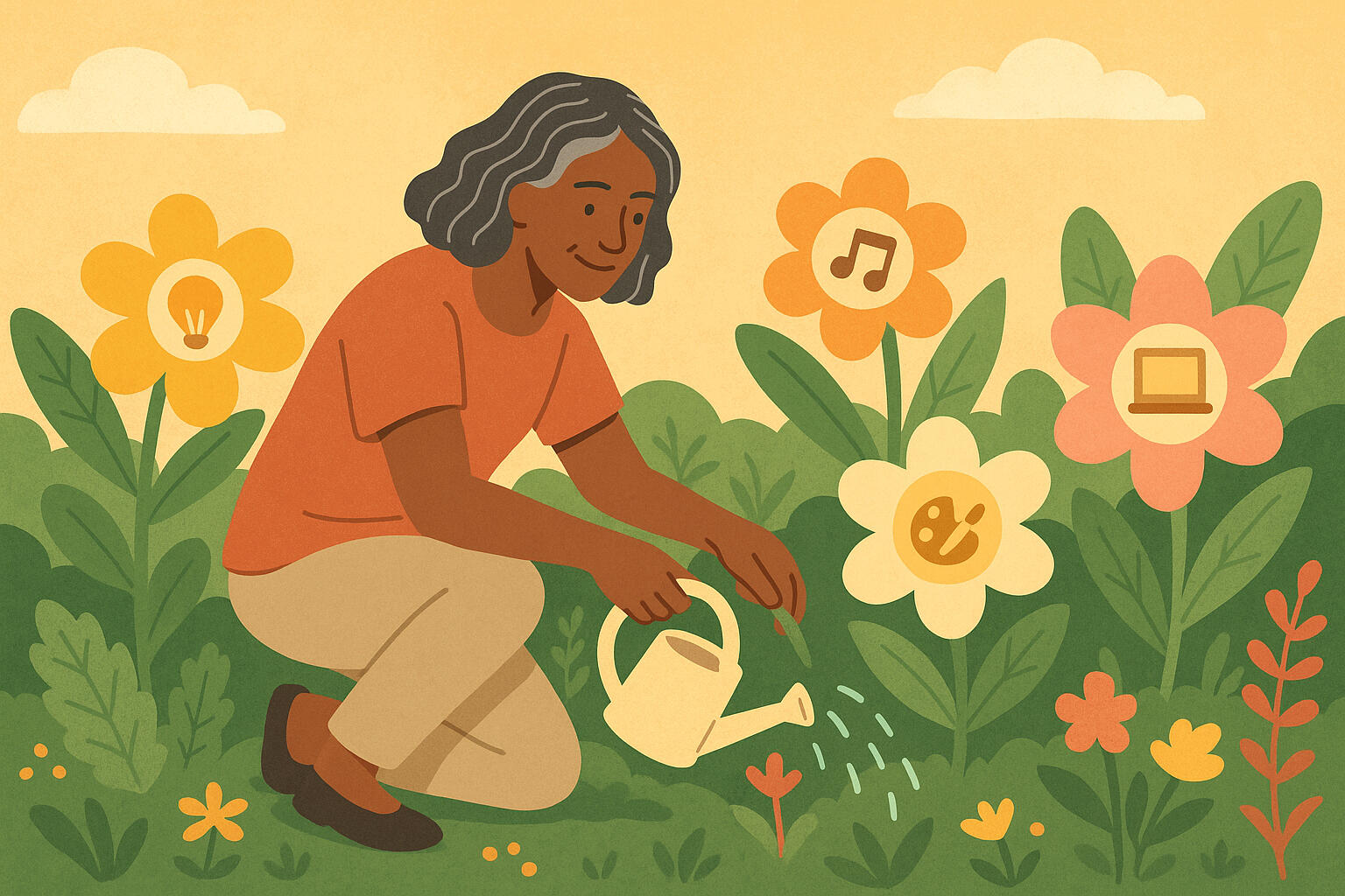 Digital illustration of a middle-aged dark-skinned woman, with streaks of grey in her hair, wearing a burnt-orange shirt and beige pants. She is crouched in a lush, symbolic garden, watering flowers that represent different creative pursuits.