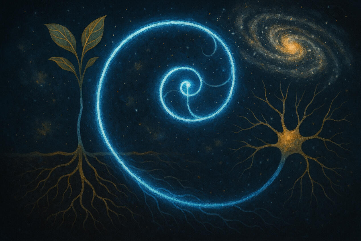 a cosmic-themed artwork featuring a glowing blue spiral connecting a sprouting plant, a neuron, and a distant galaxy, representing interconnected growth and exploration
