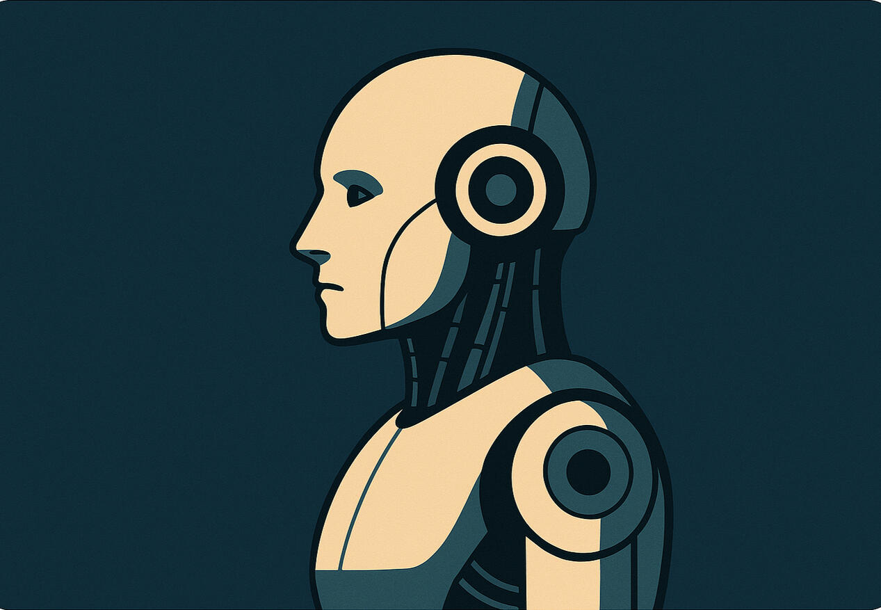 Stylized side-view illustration of a humanoid robot in profile. The robot is drawn in a minimalist, geometric style using a muted yellow and dark teal palette, with an emphasis on its mechanical, cybernetic components.