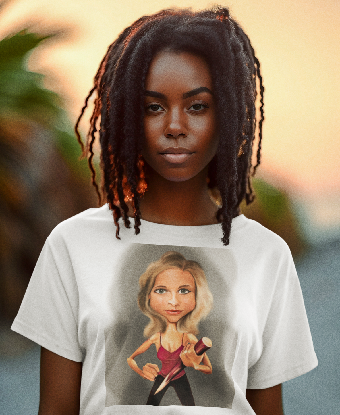 Young Black woman with locs wearing a white t-shirt printed with a stylized caricature of a blonde woman (Sarah Michelle Gellar as Buffy the Vampire Slayer); standing outdoors at sunset with a neutral expression.